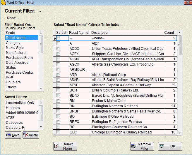 Filter Model Railroad Inventory